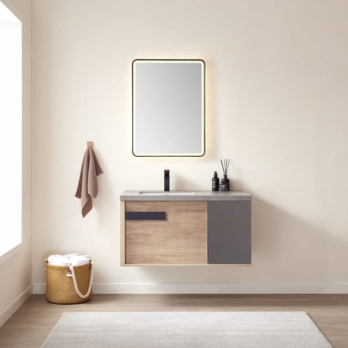Vinnova Carcastillo 40 Inch Wall Mount Single Vanity in North American Oak with Grey Sintered Stone Top With Mirror in Bathroom 703240-NO-WK