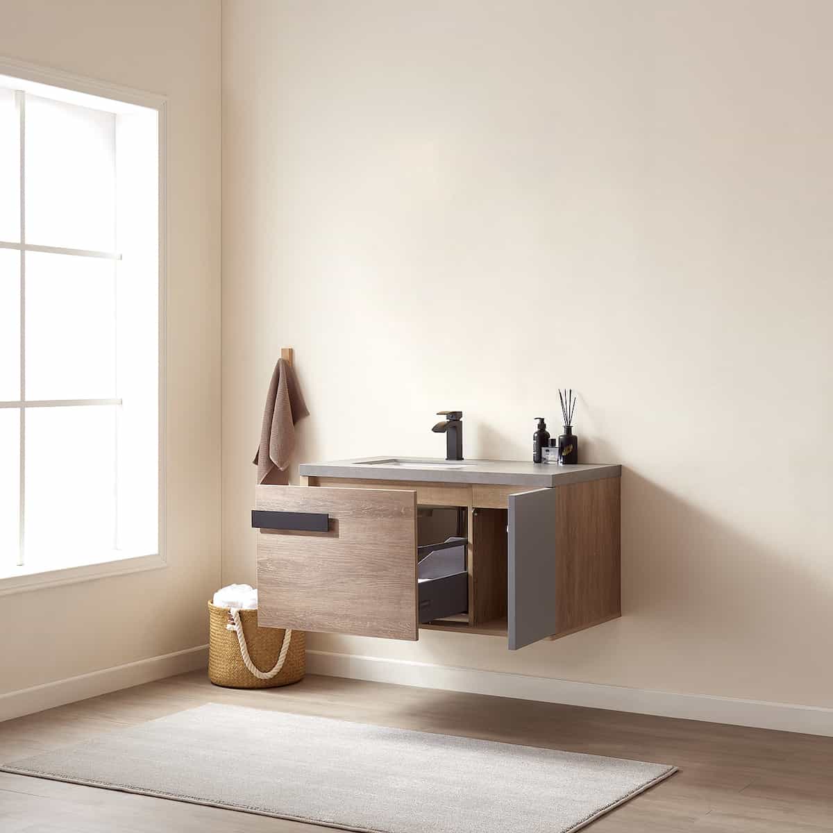 Vinnova Carcastillo 40 Inch Wall Mount Single Vanity in North American Oak with Grey Sintered Stone Top Without Mirror Inside 703240-NO-WK-NM