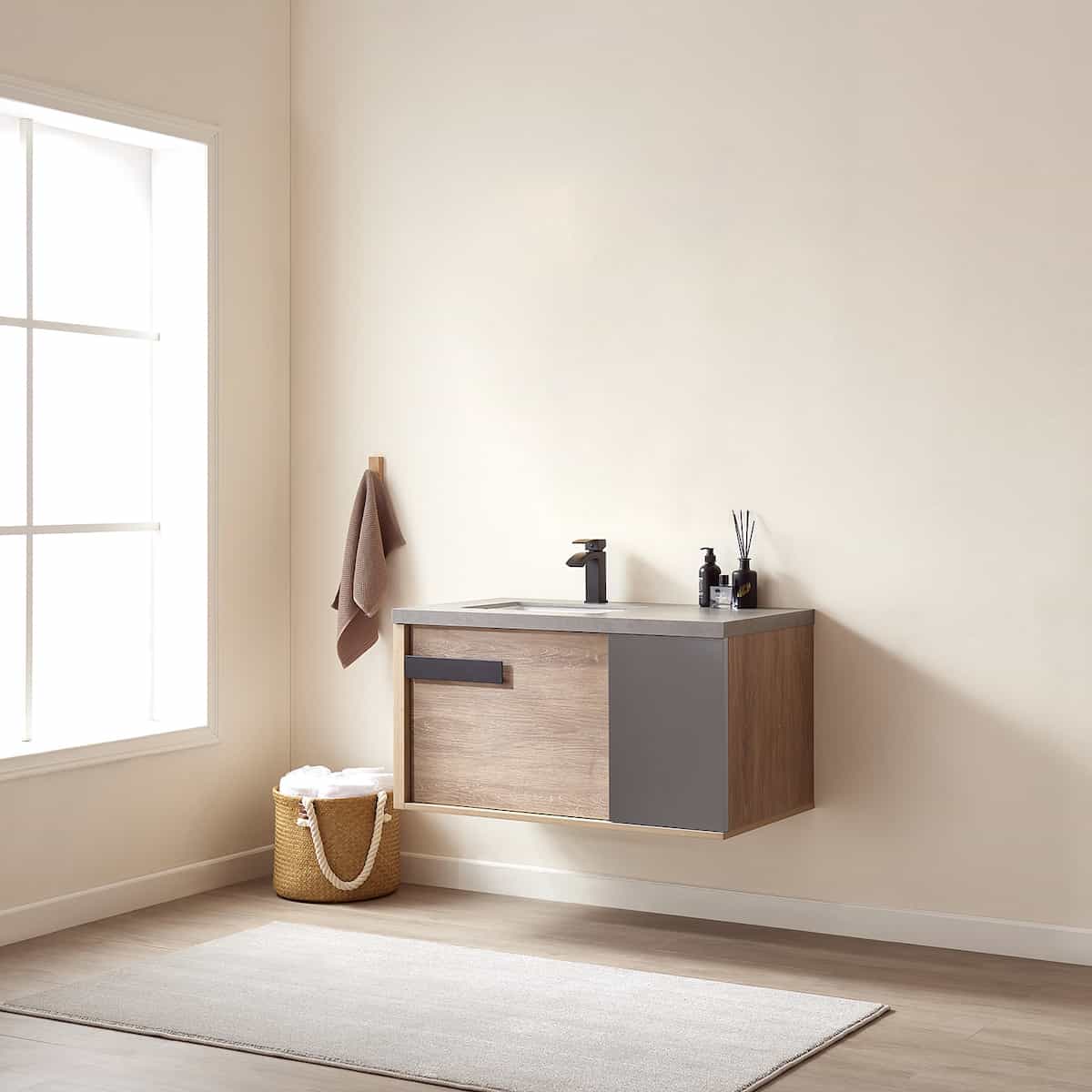 Vinnova Carcastillo 40 Inch Wall Mount Single Vanity in North American Oak with Grey Sintered Stone Top Without Mirror Side 703240-NO-WK-NM