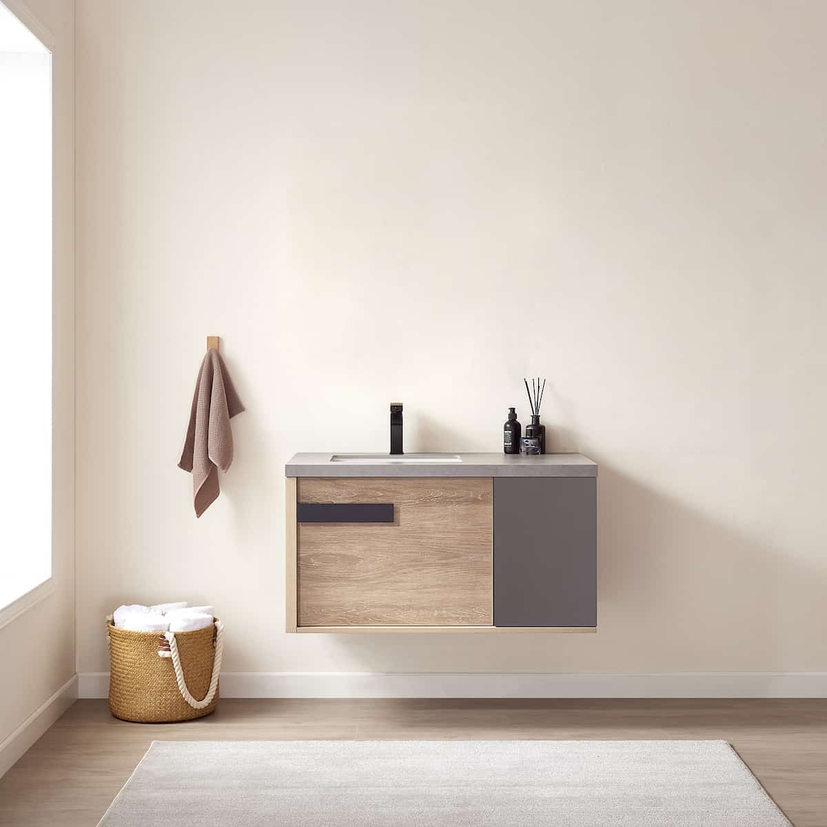 Vinnova Carcastillo 40 Inch Wall Mount Single Vanity in North American Oak with Grey Sintered Stone Top Without Mirror in Bathroom 703240-NO-WK-NM