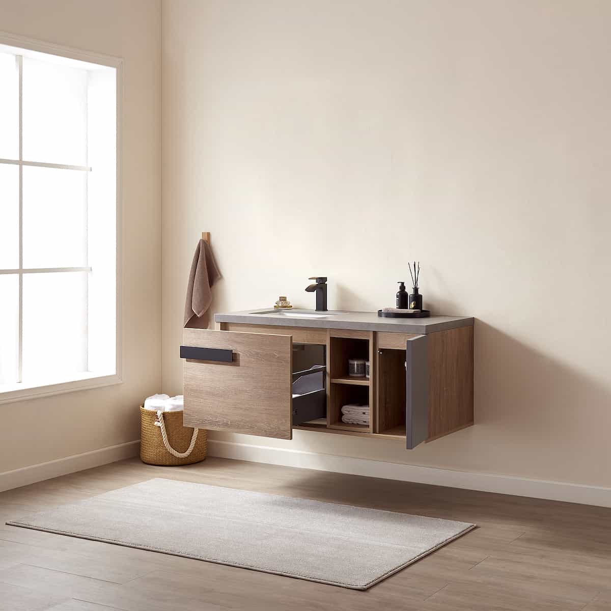 Vinnova Carcastillo 47 Inch Wall Mount Single Vanity in North American Oak with Grey Sintered Stone Top Without Mirror Inside 703247-NO-WK-NM