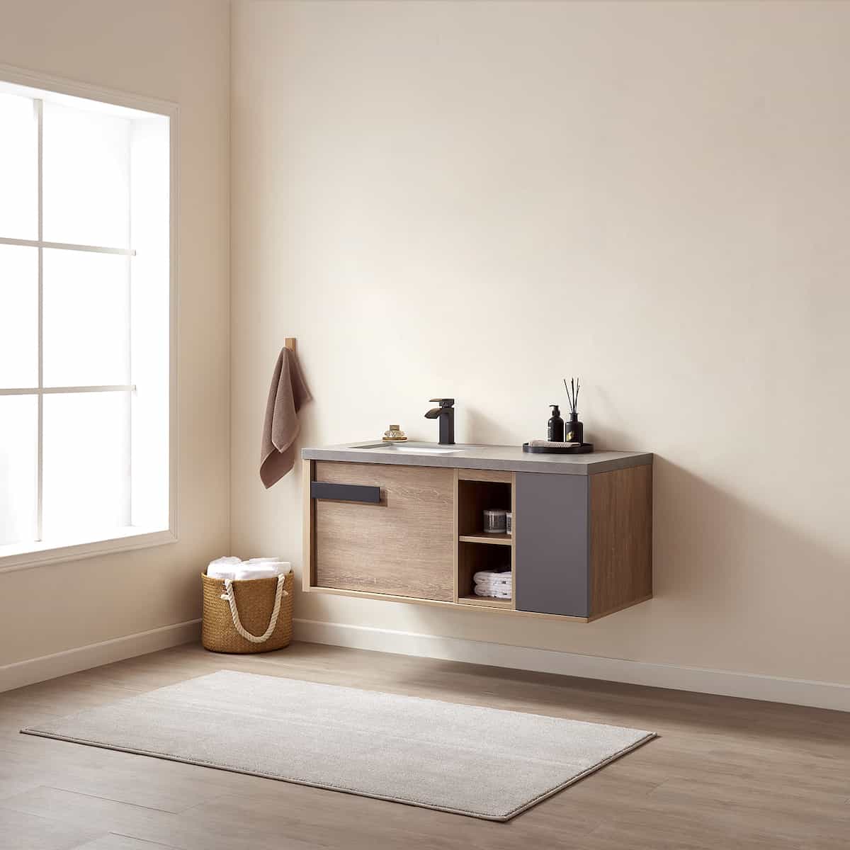 Vinnova Carcastillo 47 Inch Wall Mount Single Vanity in North American Oak with Grey Sintered Stone Top Without Mirror Side 703247-NO-WK-NM