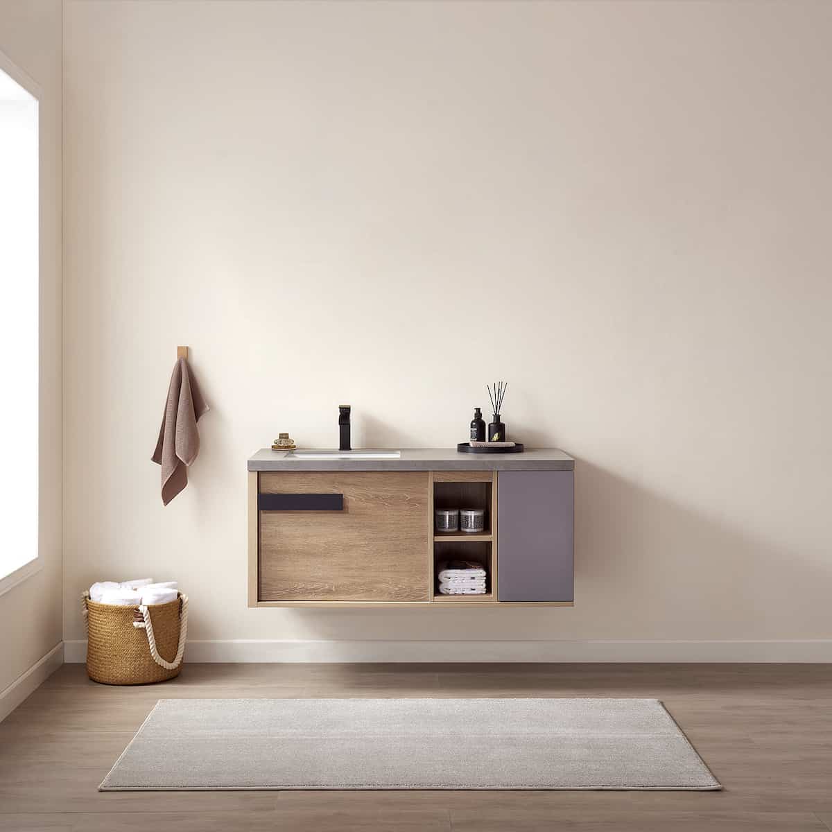 Vinnova Carcastillo 47 Inch Wall Mount Single Vanity in North American Oak with Grey Sintered Stone Top Without Mirror in Bathroom 703247-NO-WK-NM