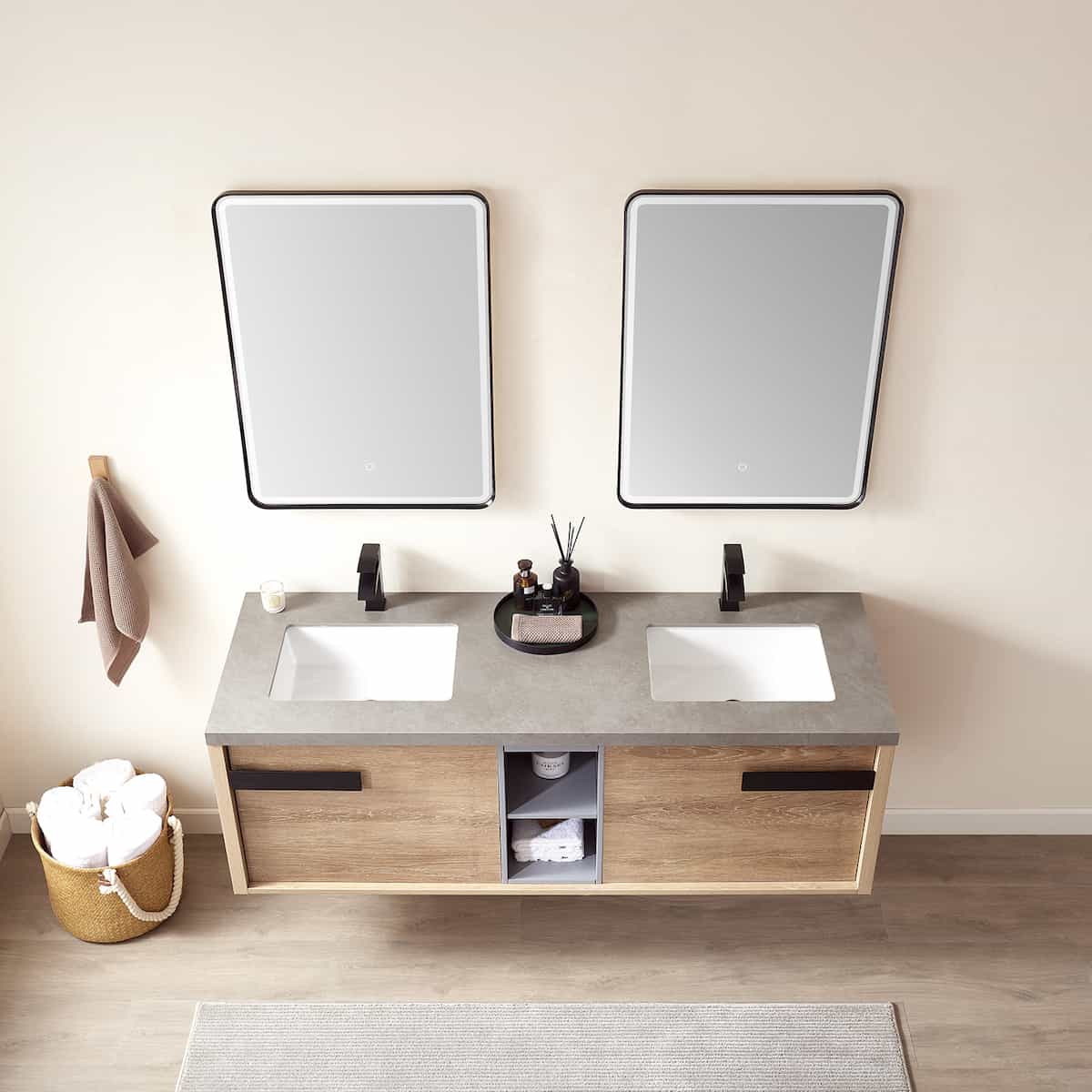 Vinnova Carcastillo 63 Inch Wall Mount Single Sink Vanity in North American Oak with Grey Sintered Stone Top With Mirror Sinks 703263-NO-WK #mirror_with mirror
