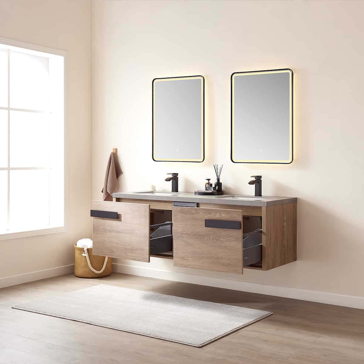 Vinnova Carcastillo 63 Inch Wall Mount Single Sink Vanity in North American Oak with Grey Sintered Stone Top With Mirror Drawers 703263-NO-WK #mirror_with mirror