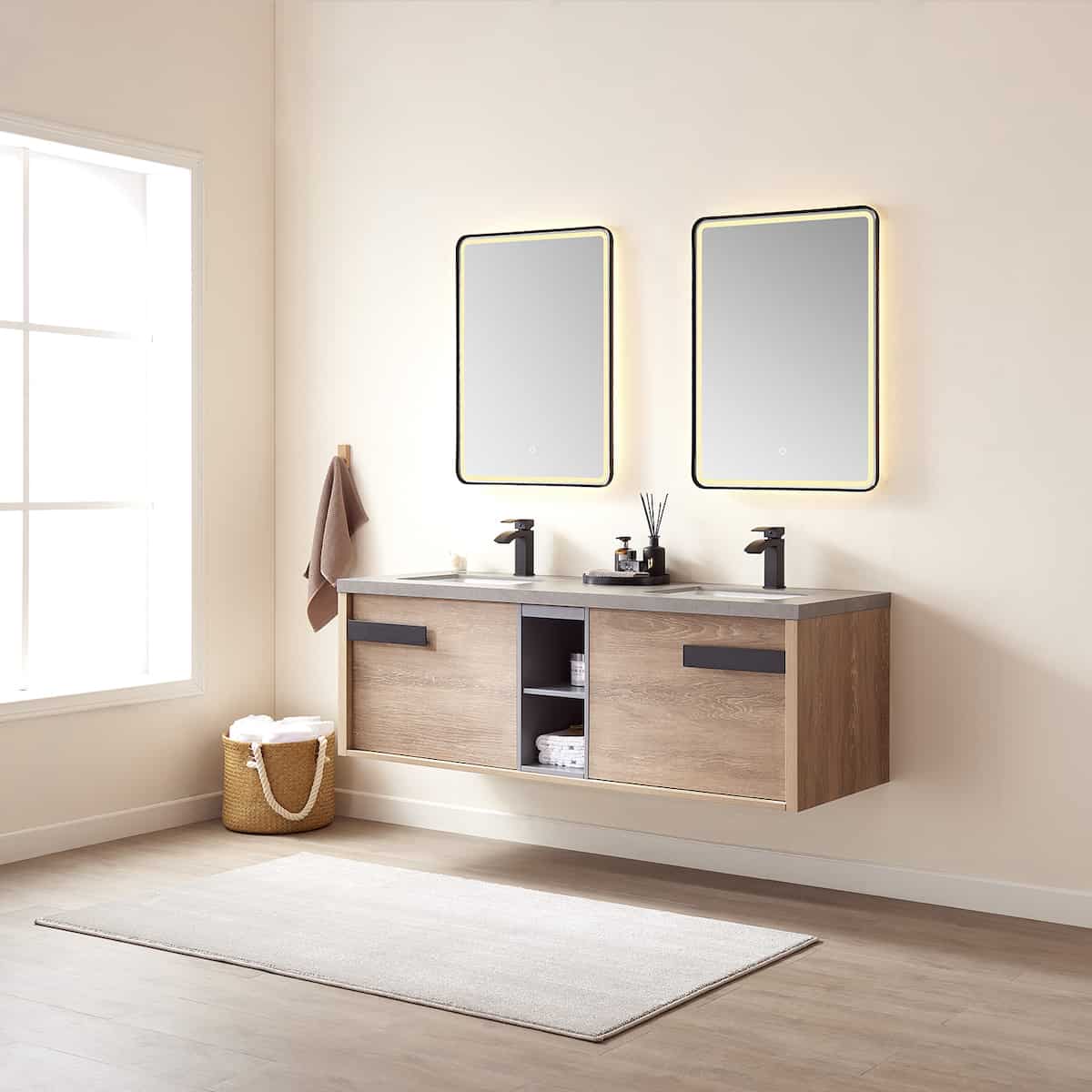 Vinnova Carcastillo 63 Inch Wall Mount Single Sink Vanity in North American Oak with Grey Sintered Stone Top With Mirror Side 703263-NO-WK #mirror_with mirror
