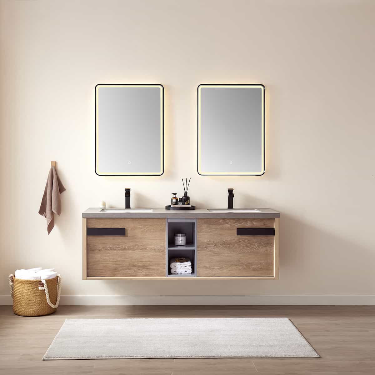 Vinnova Carcastillo 63 Inch Wall Mount Single Sink Vanity in North American Oak with Grey Sintered Stone Top With Mirror in Bathroom 703263-NO-WK #mirror_with mirror