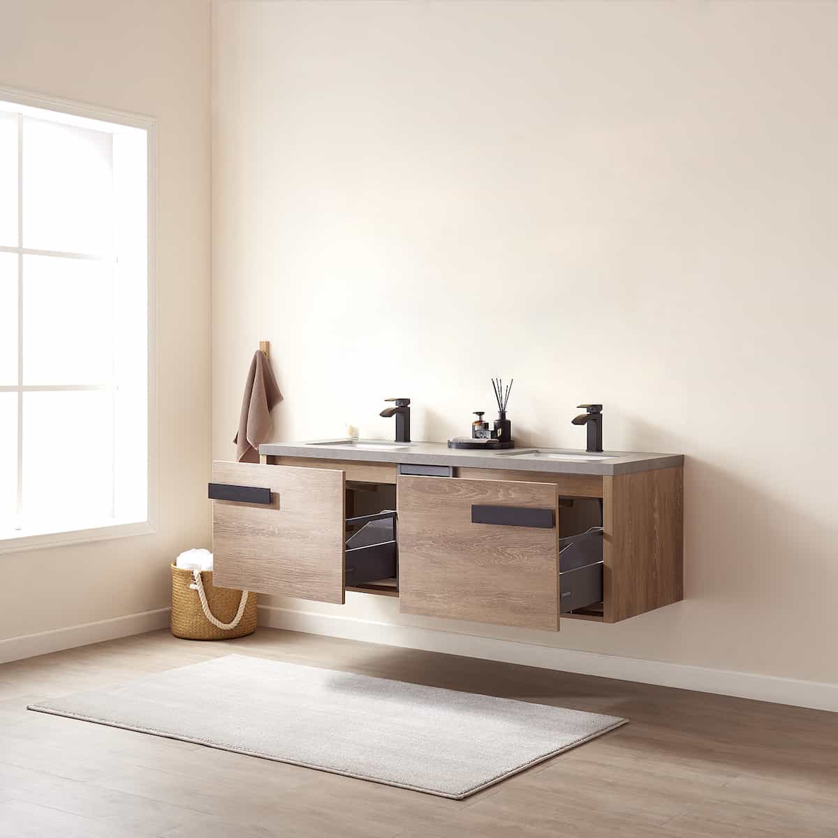 Vinnova Carcastillo 63 Inch Wall Mount Single Sink Vanity in North American Oak with Grey Sintered Stone Top Without Mirror Drawers 703263-NO-WK-NM #mirror_without mirror