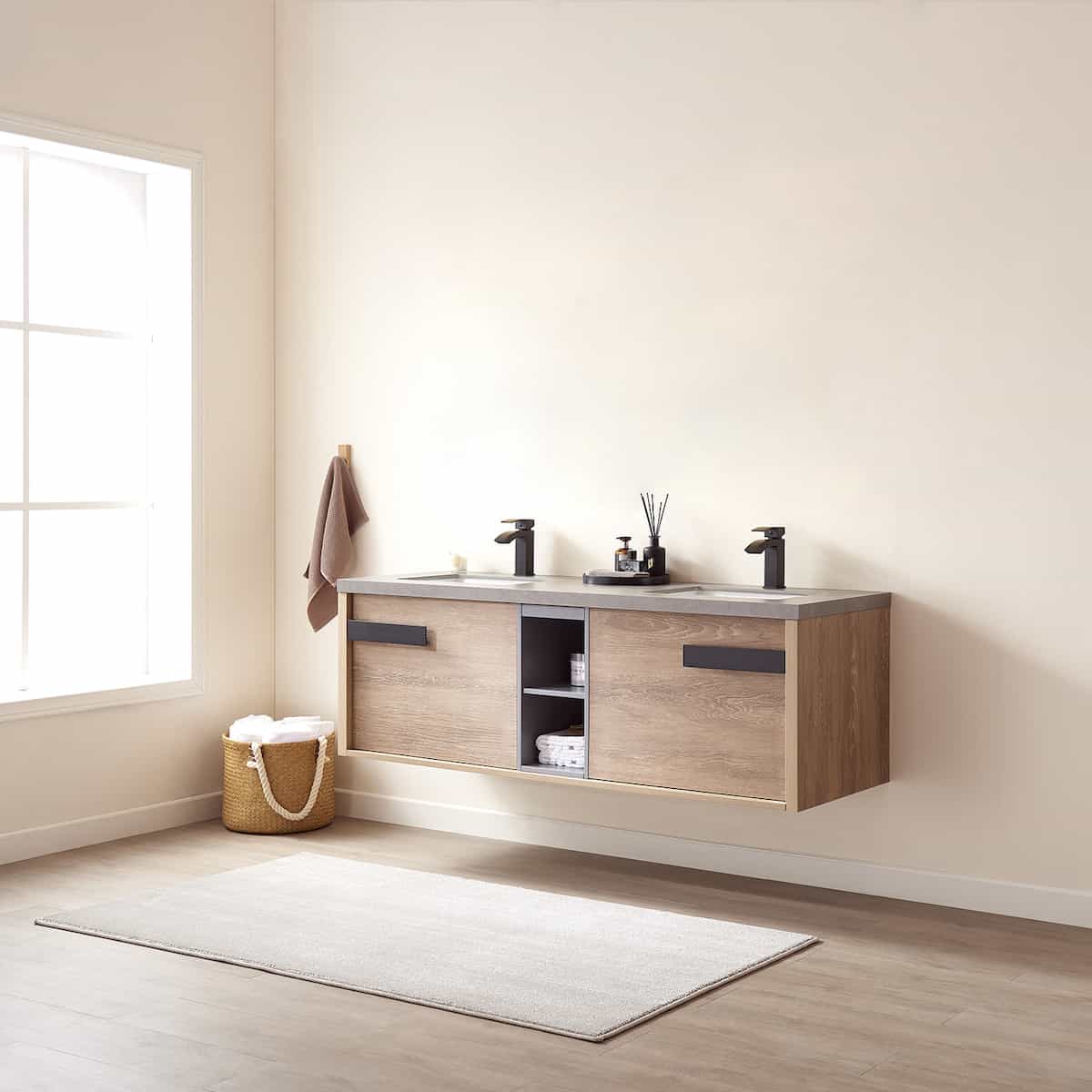 Vinnova Carcastillo 63 Inch Wall Mount Single Sink Vanity in North American Oak with Grey Sintered Stone Top Without Mirror Side 703263-NO-WK-NM #mirror_without mirror