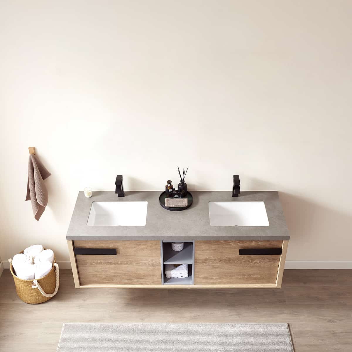 Vinnova Carcastillo 63 Inch Wall Mount Single Sink Vanity in North American Oak with Grey Sintered Stone Top Without Mirror Counter 703263-NO-WK-NM #mirror_without mirror