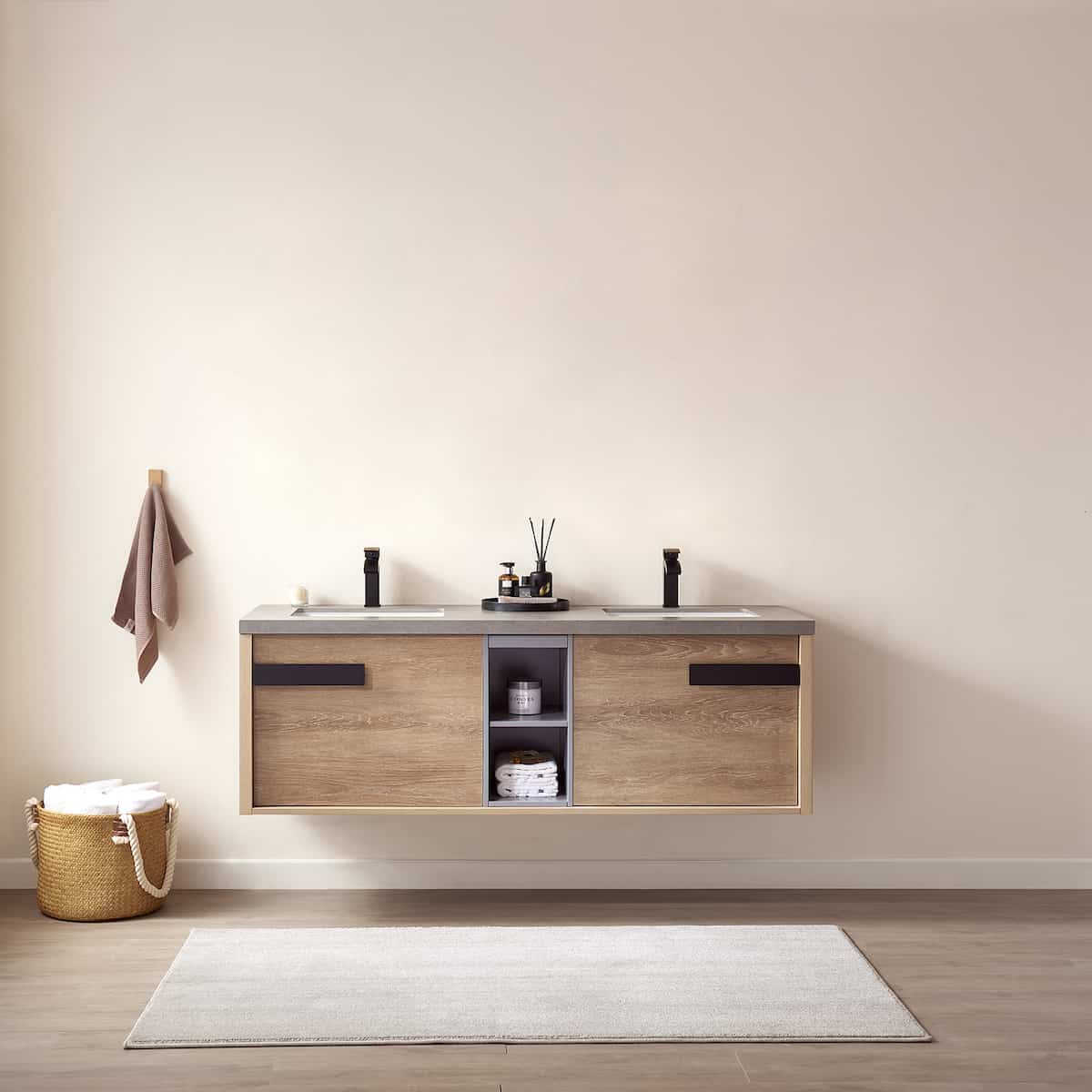Vinnova Carcastillo 63 Inch Wall Mount Single Sink Vanity in North American Oak with Grey Sintered Stone Top Without Mirror in Bathroom 703263-NO-WK-NM #mirror_without mirror