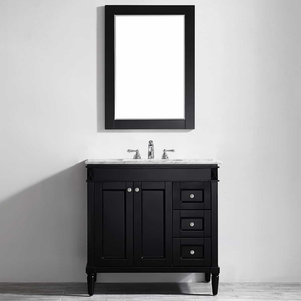 Vinnova Catania 36 Inch Espresso Freestanding Single Vanity with Carrara White Marble Countertop With Mirror in Bathroom 715036-ES-CA