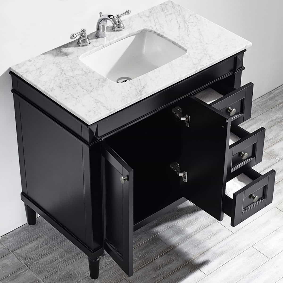 Vinnova Catania 36 Inch Espresso Freestanding Single Vanity with Carrara White Marble Countertop Without Mirror Inside 715036-ES-CA-NM
