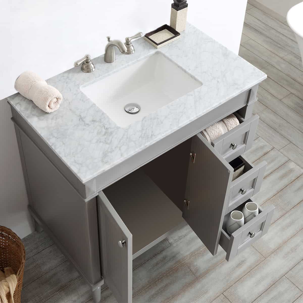 Vinnova Catania 36 Inch Grey Freestanding Single Vanity with Carrara White Marble Countertop With Mirror Inside 715036-GR-CA