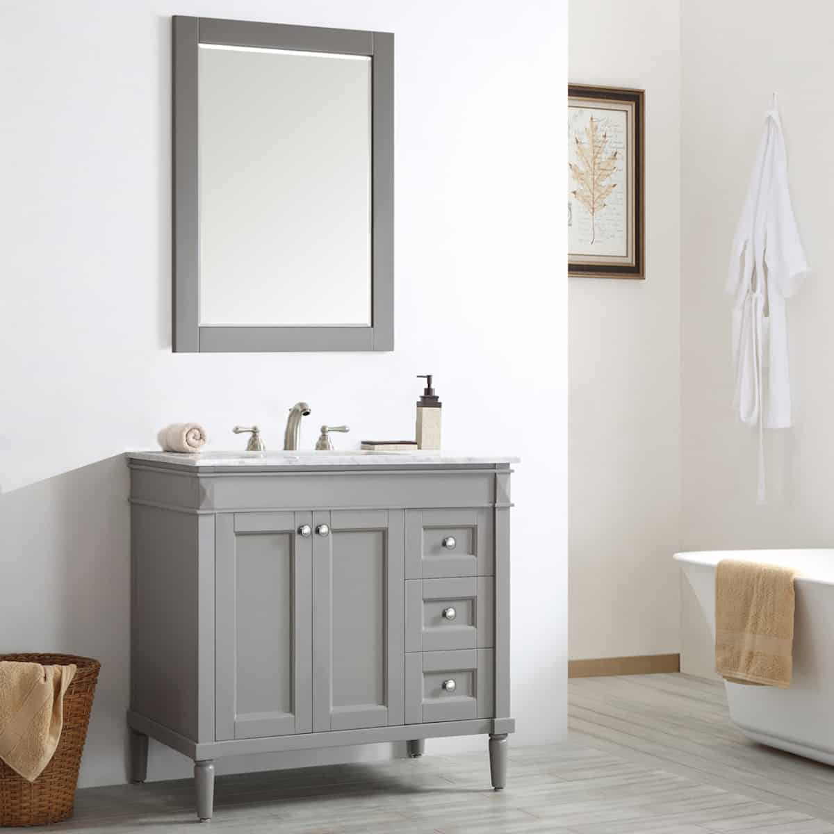 Vinnova Catania 36 Inch Grey Freestanding Single Vanity with Carrara White Marble Countertop With Mirror Side 715036-GR-CA