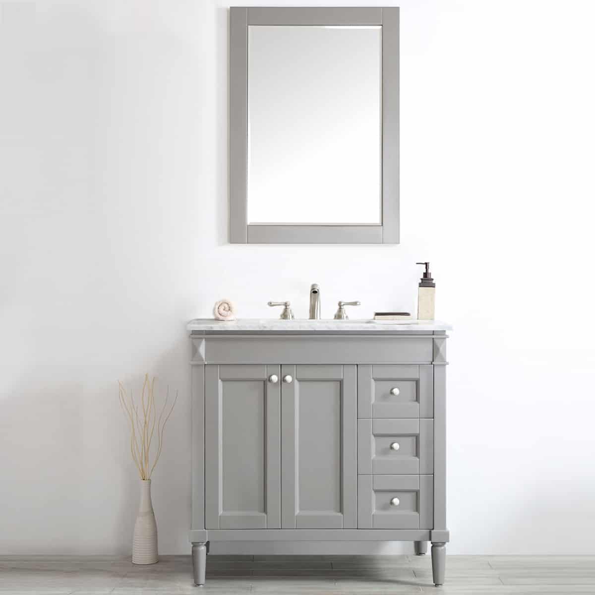 Vinnova Catania 36 Inch Grey Freestanding Single Vanity with Carrara White Marble Countertop With Mirror in Bathroom 715036-GR-CA
