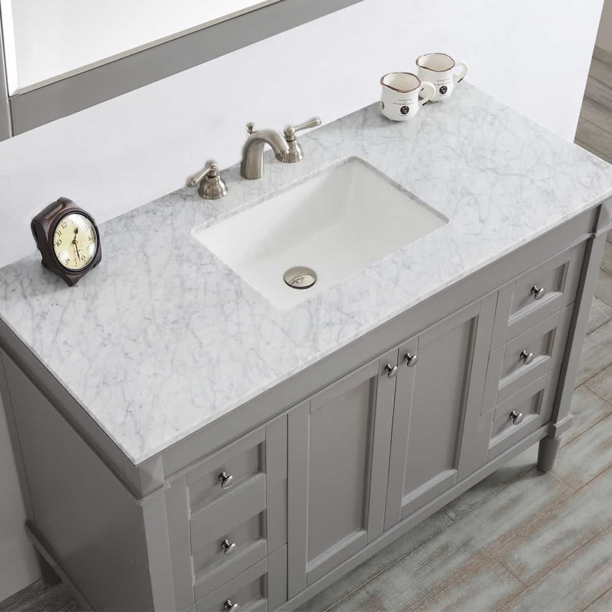 Vinnova Catania 48 Inch Grey Freestanding Single Vanity with Carrara White Marble Countertop With Mirror Counter and Sink 715048-ES-CA