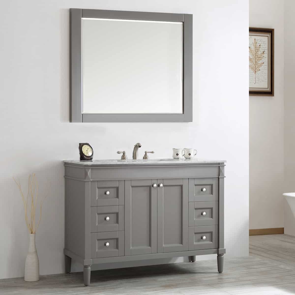 Vinnova Catania 48 Inch Grey Freestanding Single Vanity with Carrara White Marble Countertop With Mirror Left Side 715048-ES-CA