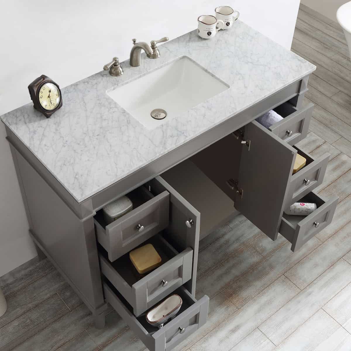 Vinnova Catania 48 Inch Grey Freestanding Single Vanity with Carrara White Marble Countertop Without Mirror Inside 715048-ES-CA-NM