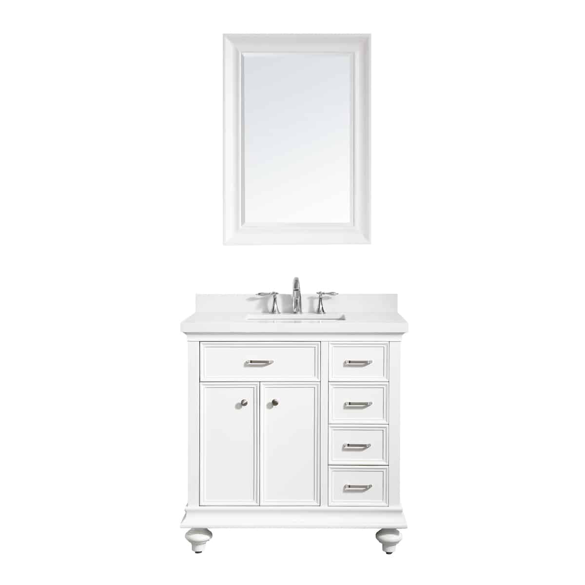 Vinnova Charlotte 36 Inch White Freestanding Single Vanity with Carrara Quartz Stone Top With Mirror 735036-WH-CQS