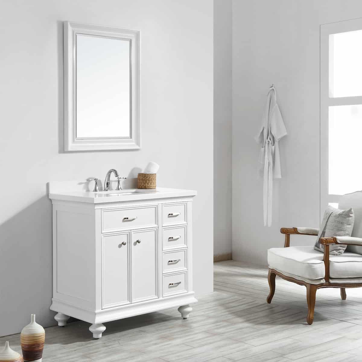 Vinnova Charlotte 36 Inch White Freestanding Single Vanity with Carrara Quartz Stone Top With Mirror Side 735036-WH-CQS