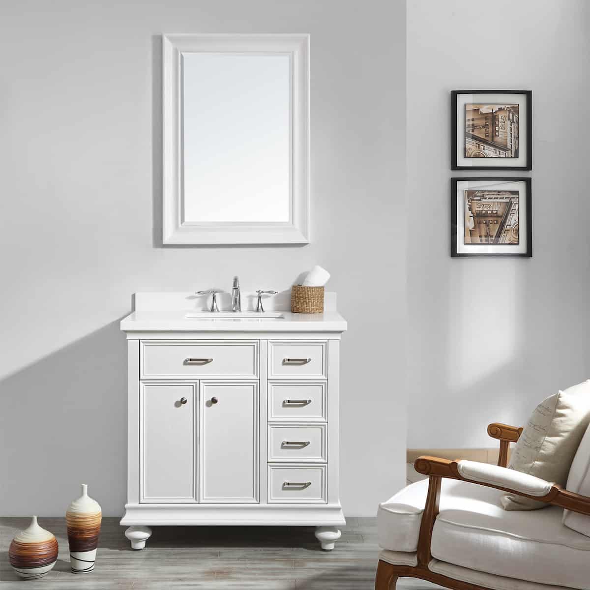 Vinnova Charlotte 36 Inch White Freestanding Single Vanity with Carrara Quartz Stone Top With Mirror in Bathroom 735036-WH-CQS