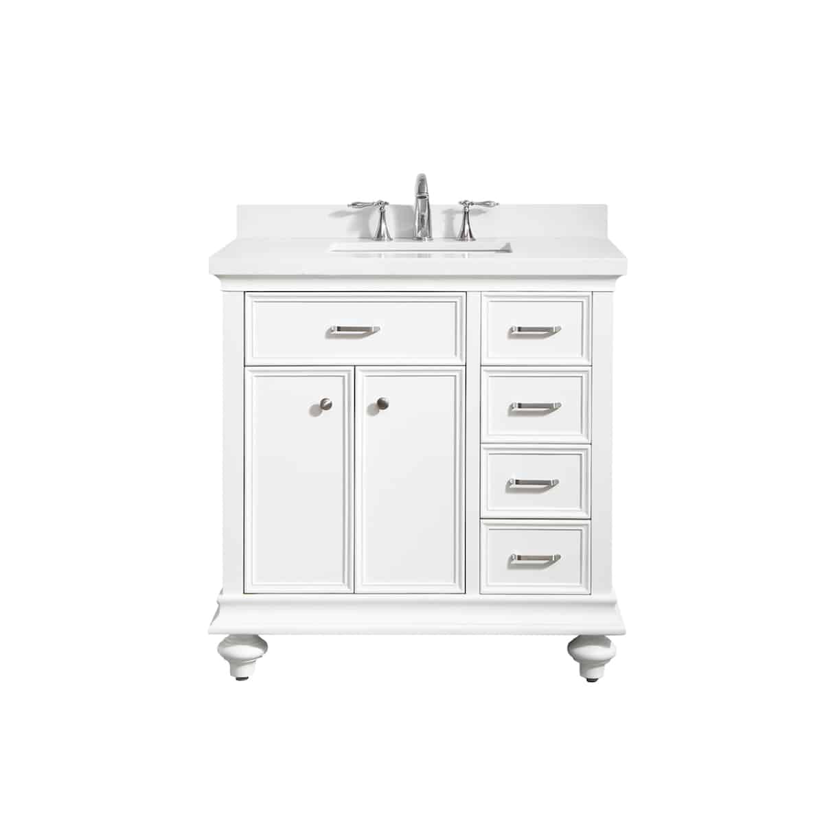 Vinnova Charlotte 36 Inch White Freestanding Single Vanity with Carrara Quartz Stone Top Without Mirror 735036-WH-CQS-NM