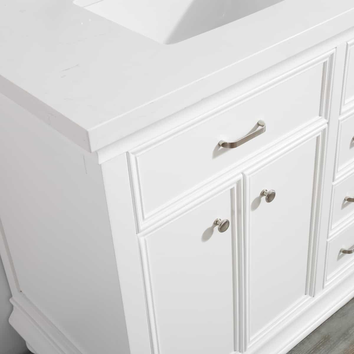 Vinnova Charlotte 36 Inch White Freestanding Single Vanity with Carrara Quartz Stone Top Without Mirror Hardware 735036-WH-CQS-NM