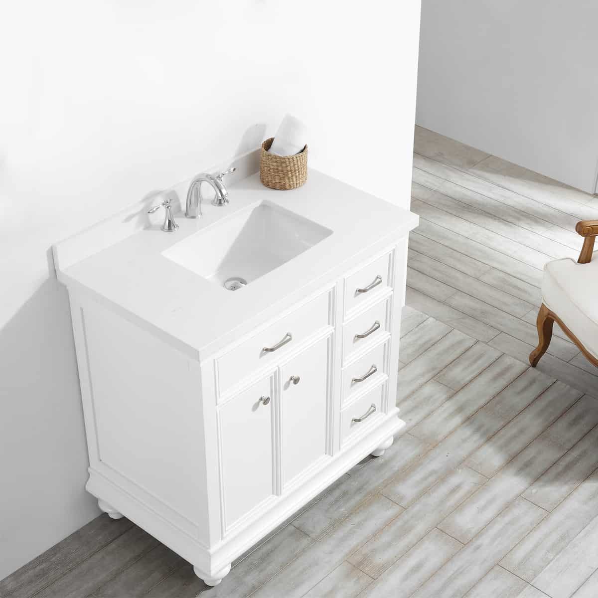 Vinnova Charlotte 36 Inch White Freestanding Single Vanity with Carrara Quartz Stone Top Without Mirror Side 735036-WH-CQS-NM