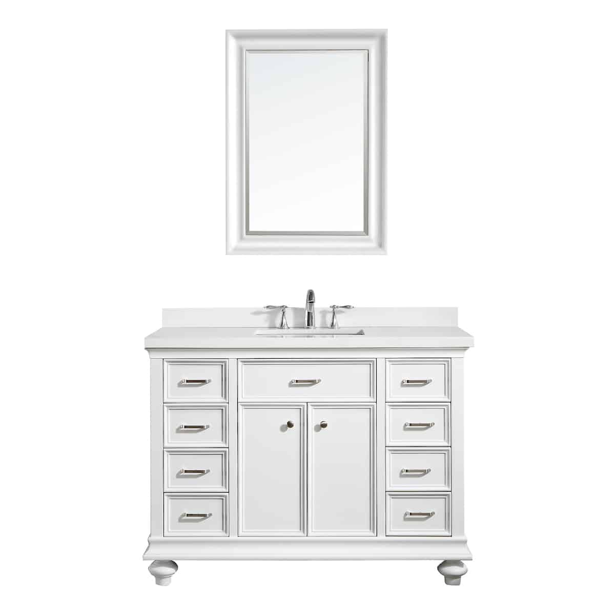 Vinnova Charlotte 48 Inch White Freestanding Single Vanity with Carrara Quartz Stone Top With Mirror 735048-WH-CQS