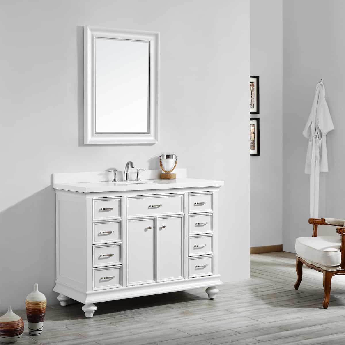 Vinnova Charlotte 48 Inch White Freestanding Single Vanity with Carrara Quartz Stone Top With Mirror Side 735048-WH-CQS