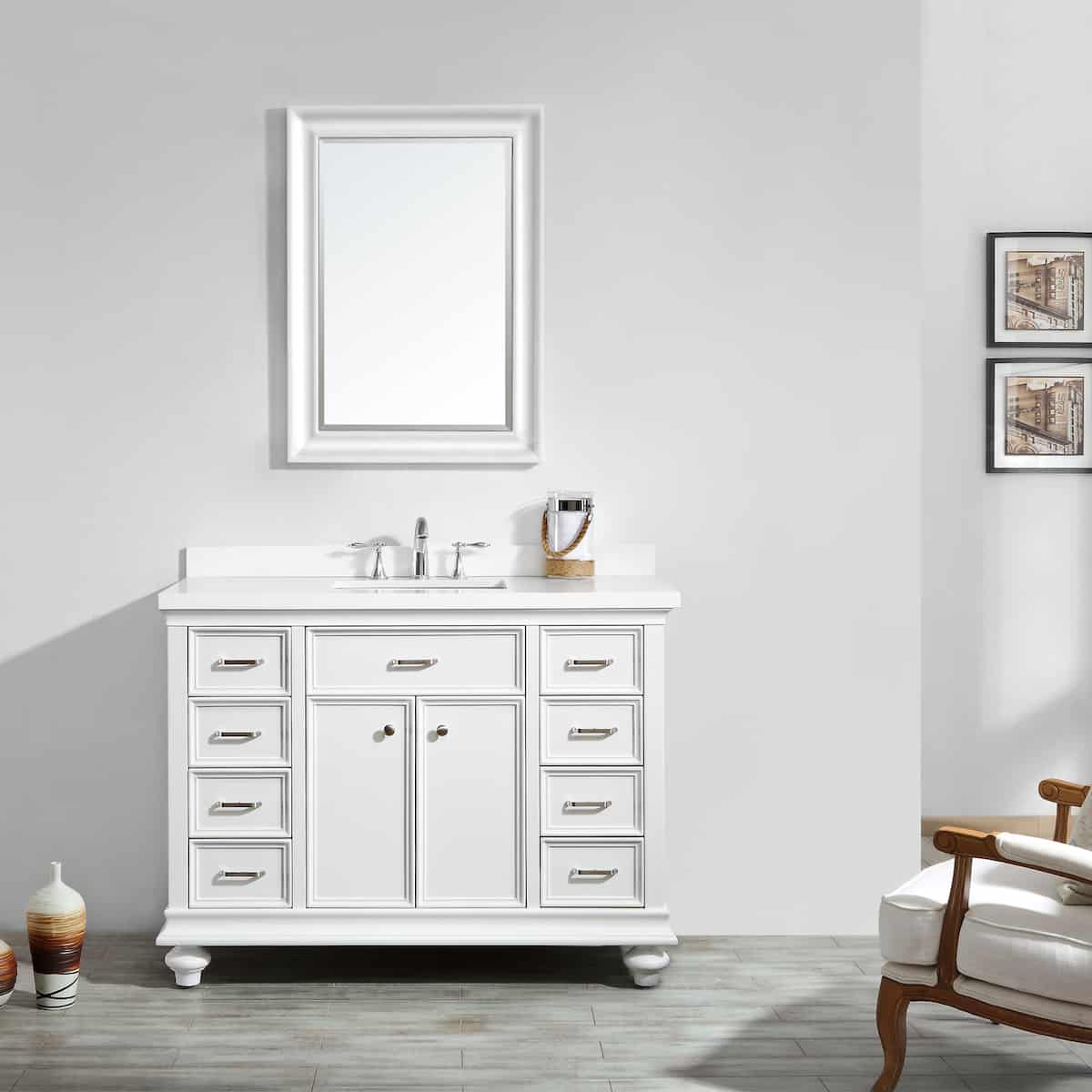 Vinnova Charlotte 48 Inch White Freestanding Single Vanity with Carrara Quartz Stone Top With Mirror in Bathroom 735048-WH-CQS