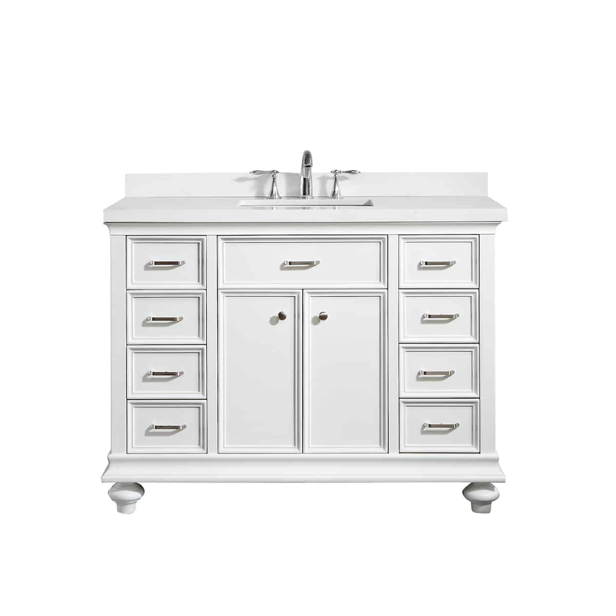 Vinnova Charlotte 48 Inch White Freestanding Single Vanity with Carrara Quartz Stone Top Without Mirror 735048-WH-CQS-NM