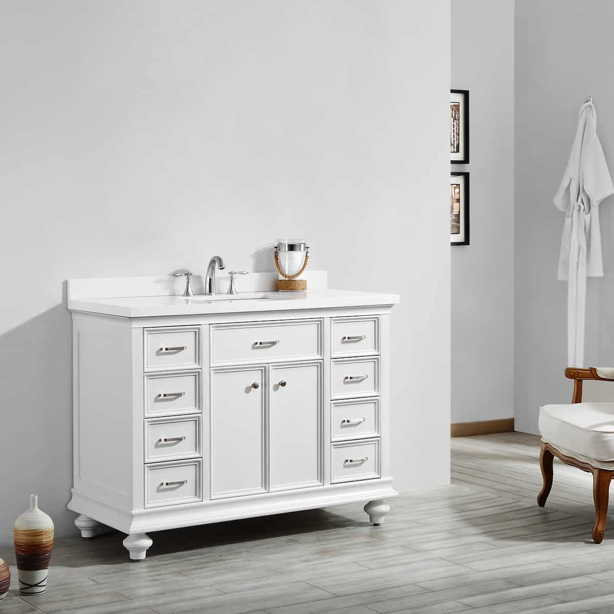 Vinnova Charlotte 48 Inch White Freestanding Single Vanity with Carrara Quartz Stone Top Without Mirror Side 735048-WH-CQS-NM