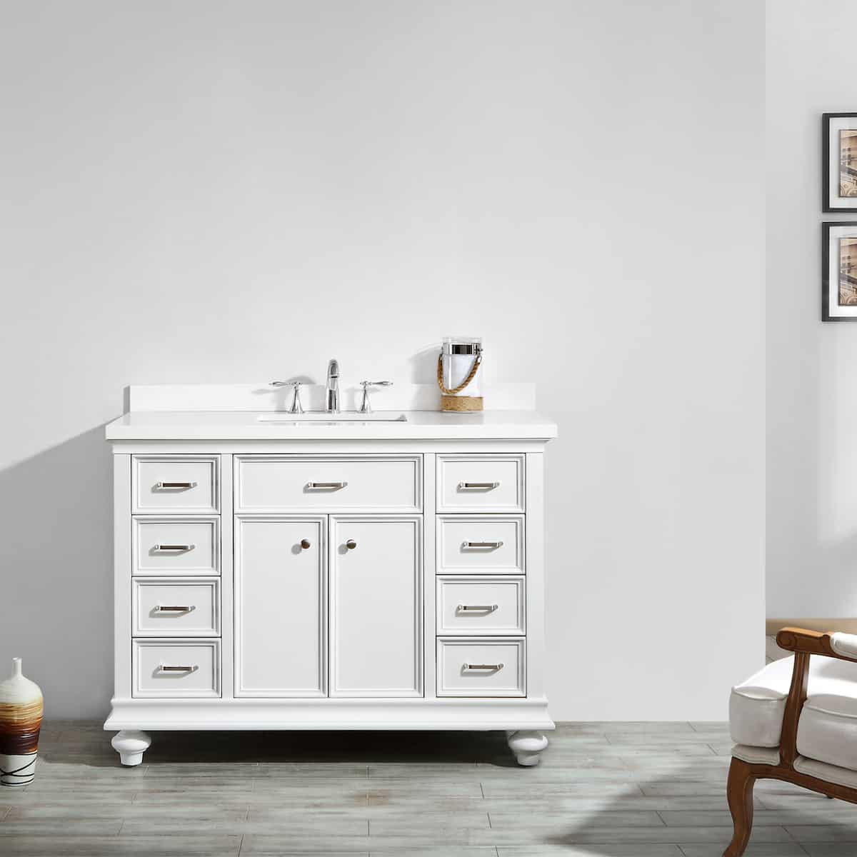 Vinnova Charlotte 48 Inch White Freestanding Single Vanity with Carrara Quartz Stone Top Without Mirror in Bathroom 735048-WH-CQS-NM