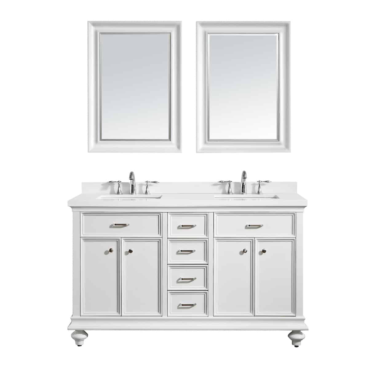 Vinnova Charlotte 60 Inch White Freestanding Double Vanity with Carrara Quartz Stone Top With Mirror 735060-WH-CQS
