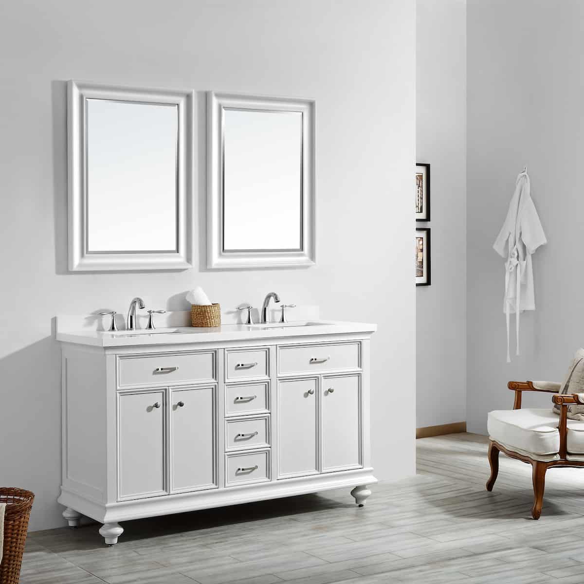 Vinnova Charlotte 60 Inch White Freestanding Double Vanity with Carrara Quartz Stone Top With Mirror Side 735060-WH-CQS