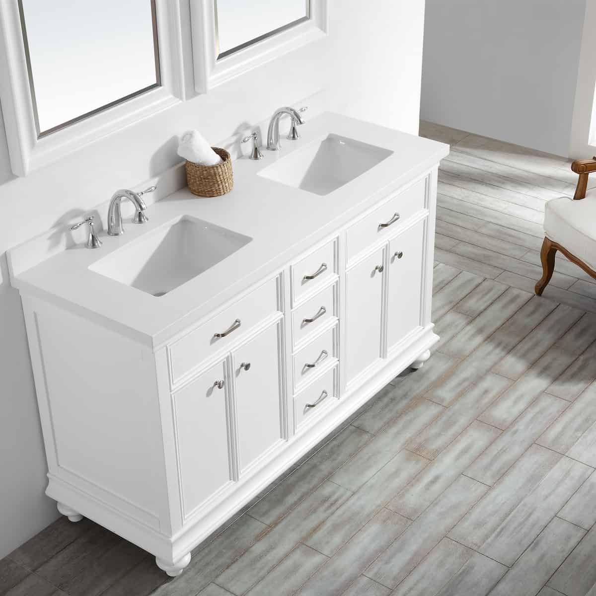 Vinnova Charlotte 60 Inch White Freestanding Double Vanity with Carrara Quartz Stone Top With Mirror Sinks 735060-WH-CQS