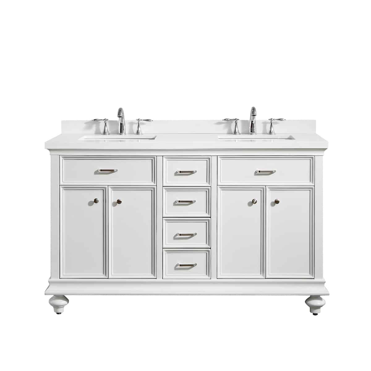 Vinnova Charlotte 60 Inch White Freestanding Double Vanity with Carrara Quartz Stone Top Without Mirror 735060-WH-CQS-NM