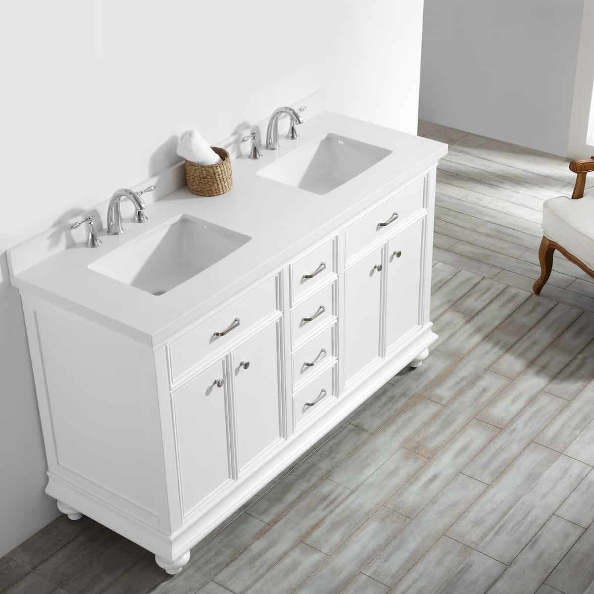 Vinnova Charlotte 60 Inch White Freestanding Double Vanity with Carrara Quartz Stone Top Without Mirror Counter 735060-WH-CQS-NM