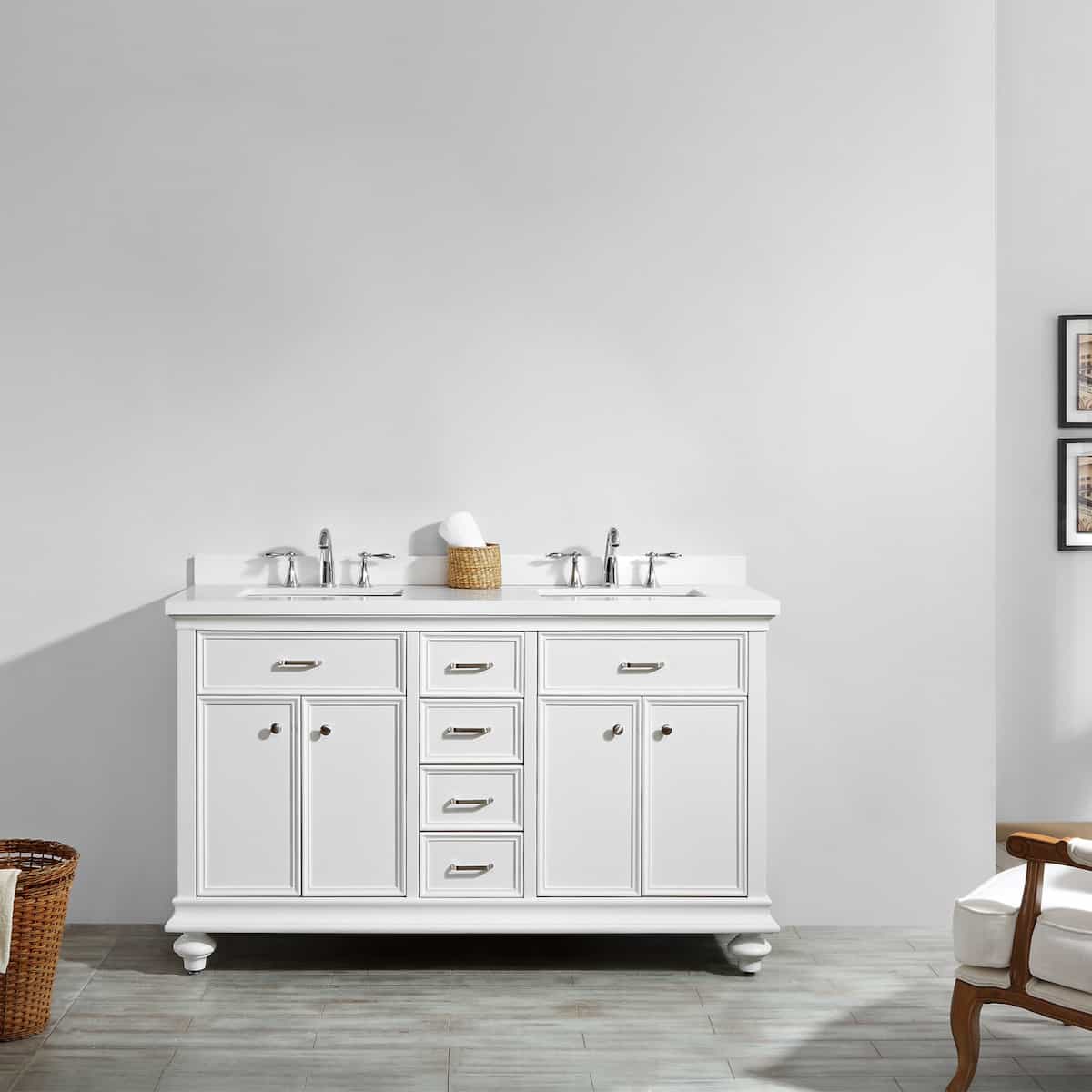 Vinnova Charlotte 60 Inch White Freestanding Double Vanity with Carrara Quartz Stone Top Without Mirror in Bathroom 735060-WH-CQS-NM