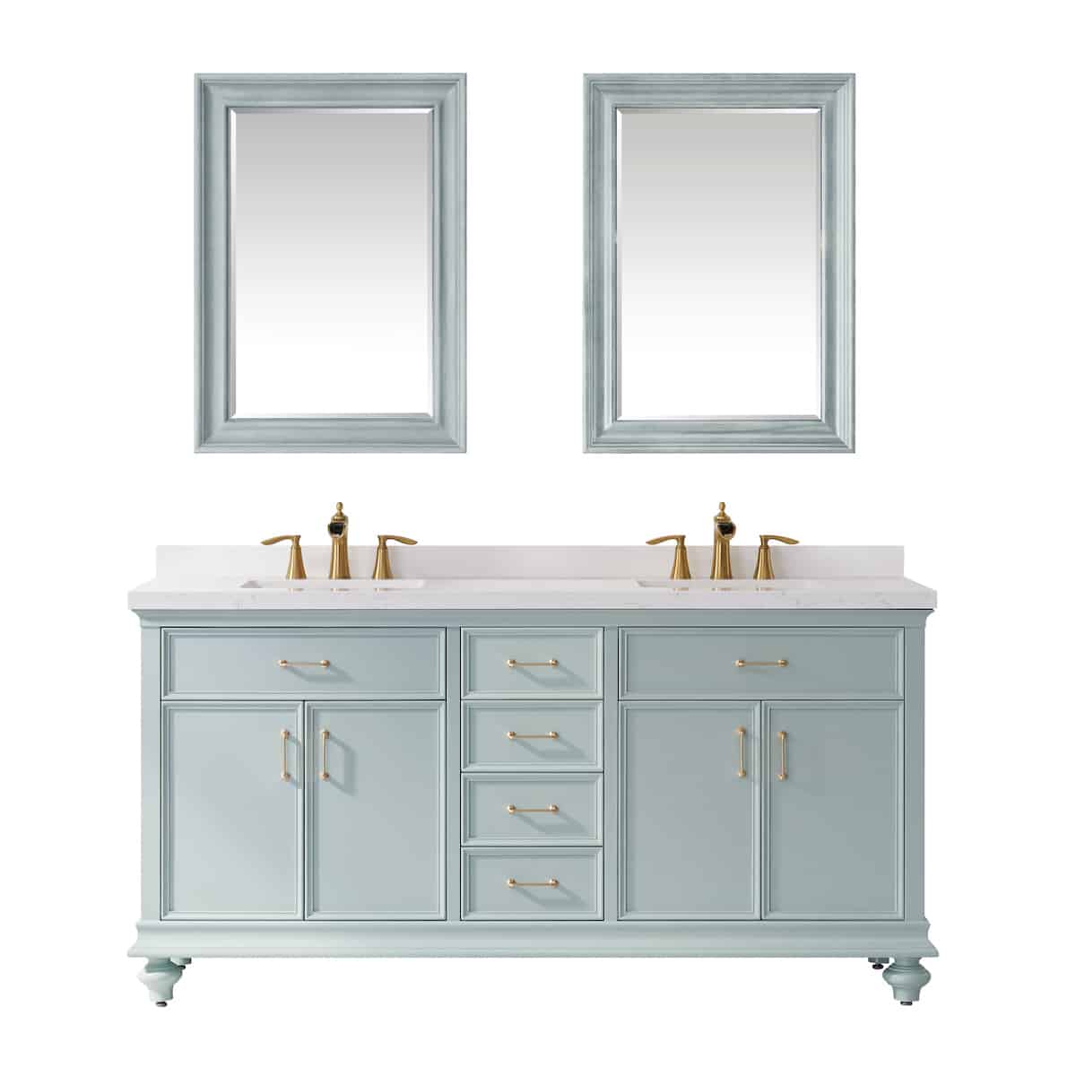 Vinnova Charlotte 72 Inch Finnish Green Freestanding Double Vanity with Carrara White Composite Stone Countertop With Mirror 735072-FG-CQS
