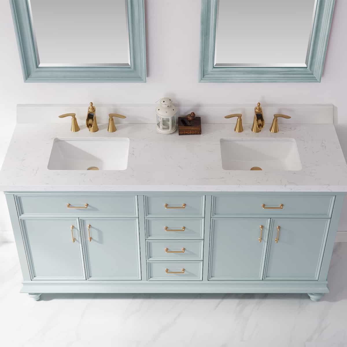 Vinnova Charlotte 72 Inch Finnish Green Freestanding Double Vanity with Carrara White Composite Stone Countertop With Mirror Counter 735072-FG-CQS