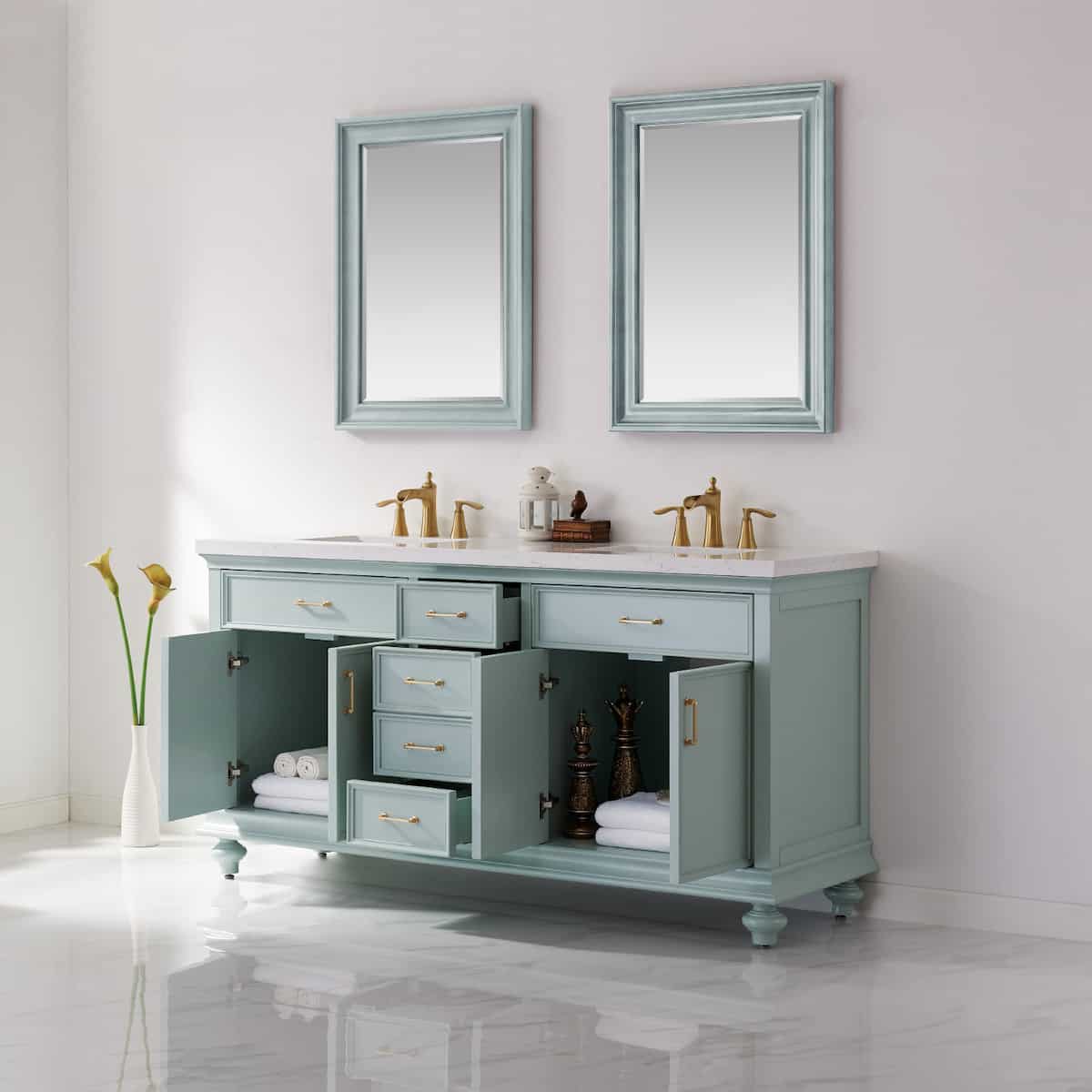 Vinnova Charlotte 72 Inch Finnish Green Freestanding Double Vanity with Carrara White Composite Stone Countertop With Mirror Inside 735072-FG-CQS