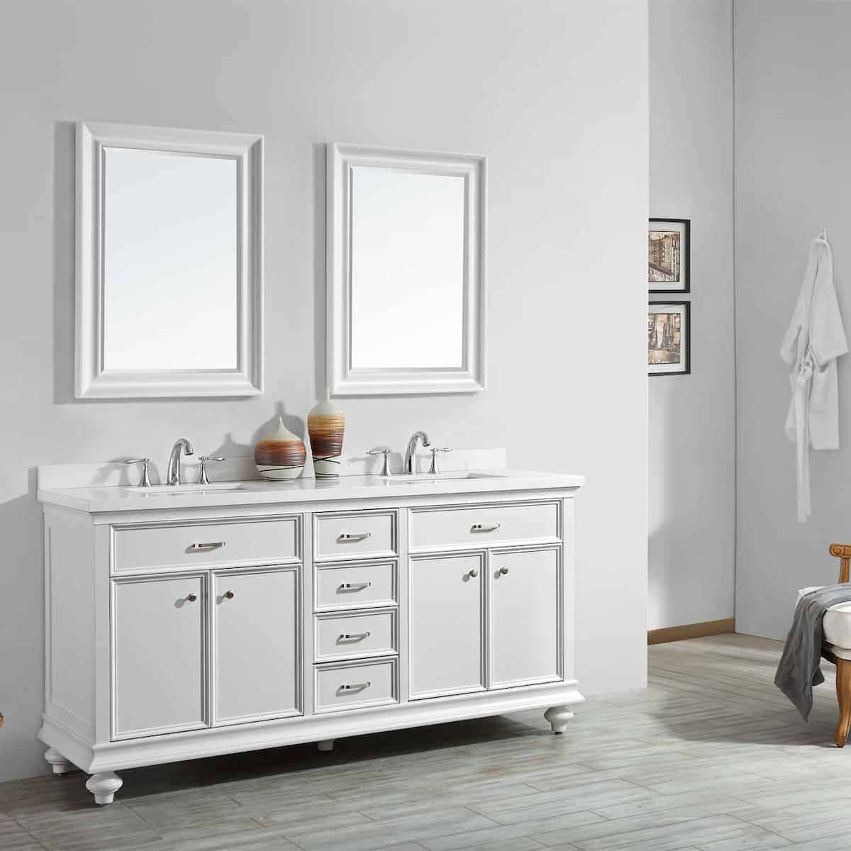 Vinnova Charlotte 72 Inch White Freestanding Double Vanity with Carrara Quartz Stone Top With Mirror Side 735072-WH-CQS