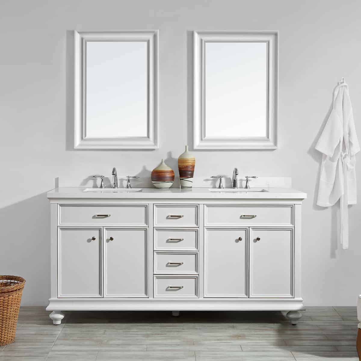 Vinnova Charlotte 72 Inch White Freestanding Double Vanity with Carrara Quartz Stone Top With Mirror in Bathroom 735072-WH-CQS