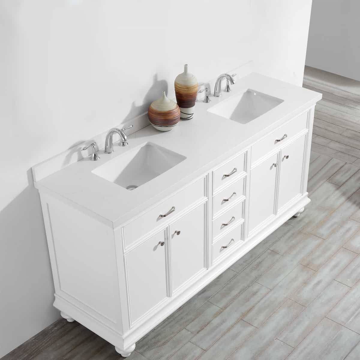 Vinnova Charlotte 72 Inch White Freestanding Double Vanity with Carrara Quartz Stone Top Without Mirror Counter and Sinks 735072-WH-CQS-NM
