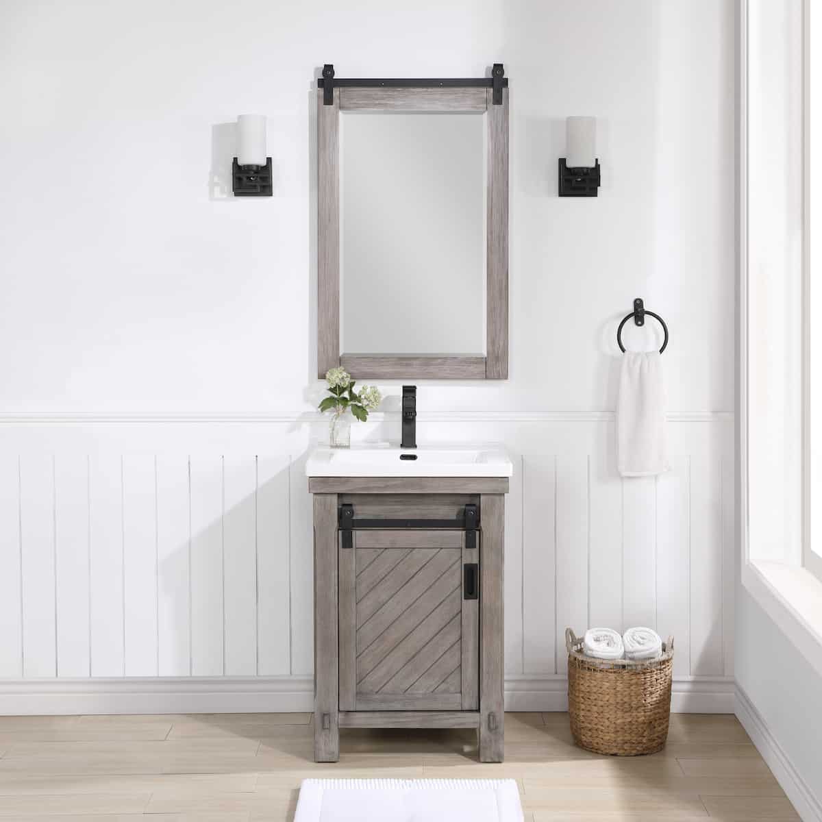 Vinnova Cortes 24 Inch Single Sink Bath Vanity in Classical Grey with White Drop-In Ceramic Basin With Mirror in Bathroom 701724-CR-WH