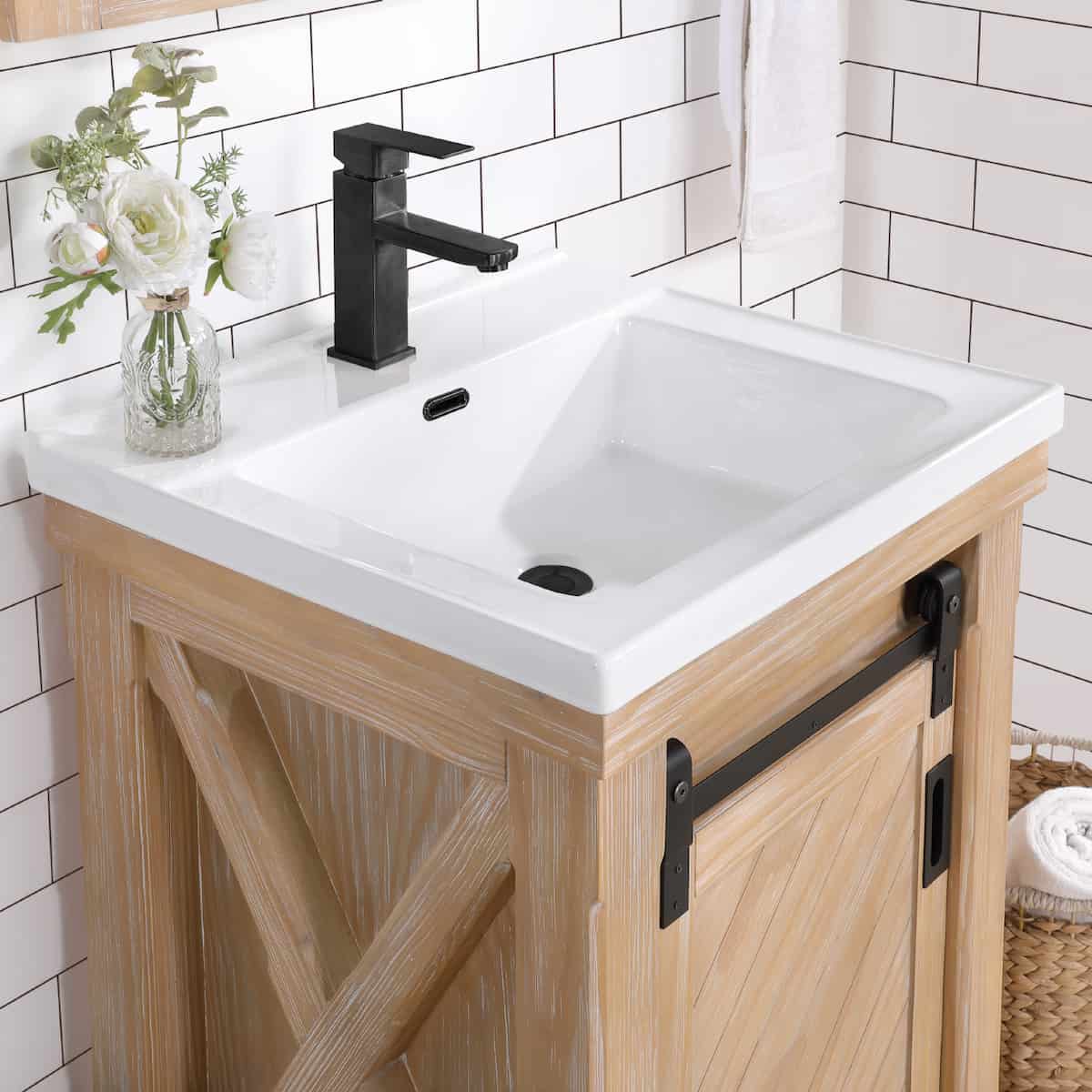 Vinnova Cortes 24 Inch Single Sink Bath Vanity in Weathered Pine with White Drop-In Ceramic Basin With Mirror Counter 701724-WP-WH