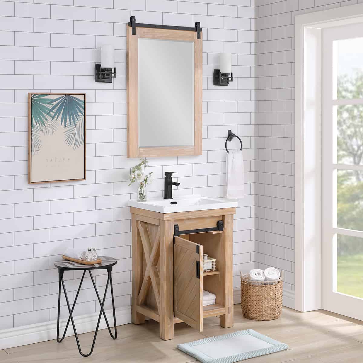 Vinnova Cortes 24 Inch Single Sink Bath Vanity in Weathered Pine with White Drop-In Ceramic Basin With Mirror Inside 701724-WP-WH